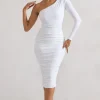 In The Shadows | White One Shoulder Midi Dress With Ruching