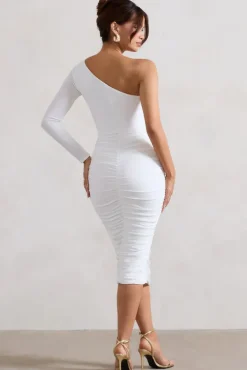 In The Shadows | White One Shoulder Midi Dress With Ruching