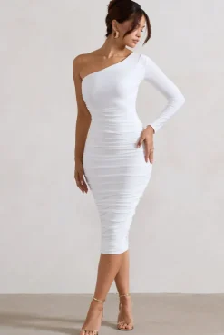In The Shadows | White One Shoulder Midi Dress With Ruching