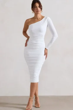 In The Shadows | White One Shoulder Midi Dress With Ruching