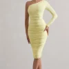 In The Shadows | Yellow One Sleeve Midi Dress With Ruching