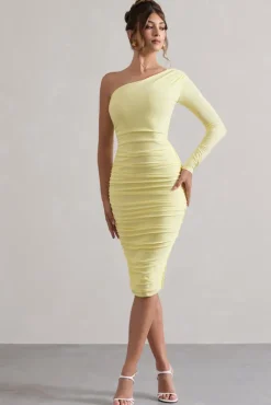 In The Shadows | Yellow One Sleeve Midi Dress With Ruching