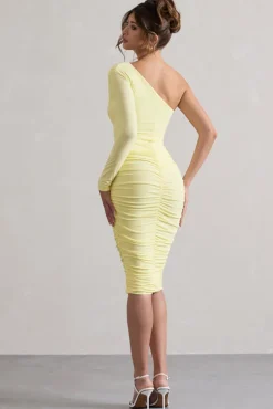 In The Shadows | Yellow One Sleeve Midi Dress With Ruching