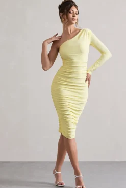In The Shadows | Yellow One Sleeve Midi Dress With Ruching