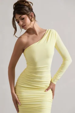 In The Shadows | Yellow One Sleeve Midi Dress With Ruching