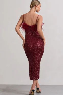 In Your Head | Plum Sequin Strappy Midi Dress With Feathers