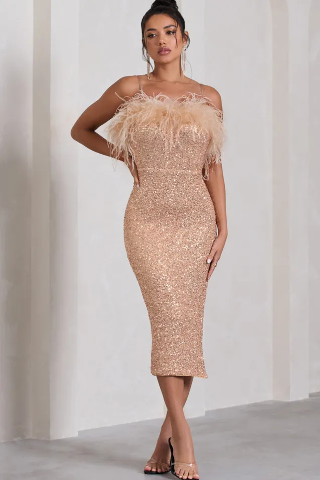 In Your Head | Rose Gold Sequin Strappy Midi Dress With Feathers