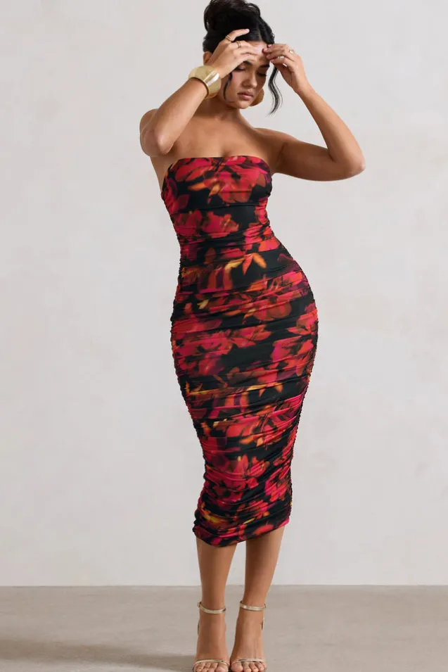 Inara | Red Floral Print Strapless Ruched Midi Dress