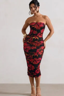 Inara | Red Floral Print Strapless Ruched Midi Dress