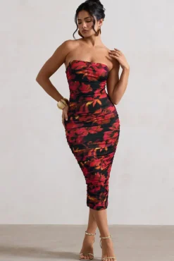 Inara | Red Floral Print Strapless Ruched Midi Dress