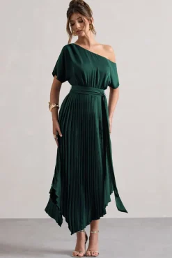 India | Bottle Green Satin Asymmetric Plisse Maxi Dress