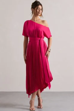 India | Hot Pink Satin Asymmetric Plisse Maxi Dress