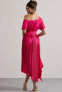 India | Hot Pink Satin Asymmetric Plisse Maxi Dress
