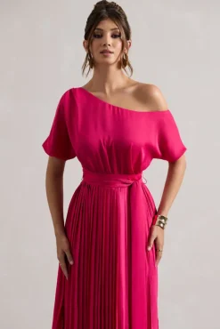 India | Hot Pink Satin Asymmetric Plisse Maxi Dress