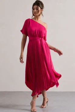 India | Hot Pink Satin Asymmetric Plisse Maxi Dress
