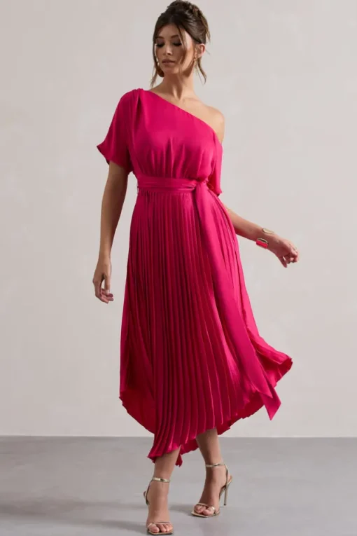 India | Hot Pink Satin Asymmetric Plisse Maxi Dress