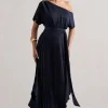 India | Navy Satin Asymmetric Plisse Maxi Dress