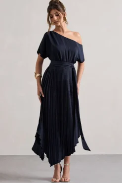 India | Navy Satin Asymmetric Plisse Maxi Dress