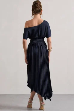 India | Navy Satin Asymmetric Plisse Maxi Dress