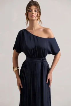 India | Navy Satin Asymmetric Plisse Maxi Dress