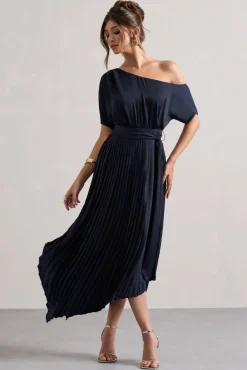 India | Navy Satin Asymmetric Plisse Maxi Dress