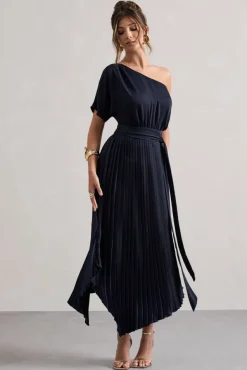 India | Navy Satin Asymmetric Plisse Maxi Dress
