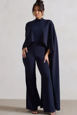 Indra | Navy High-Neck Wide-Leg Cape Jumpsuit