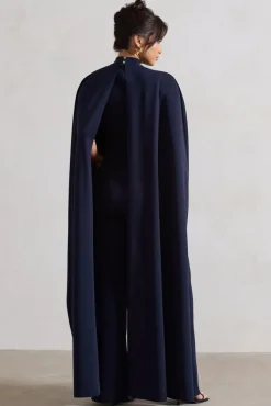 Indra | Navy High-Neck Wide-Leg Cape Jumpsuit