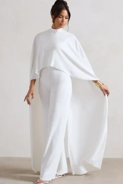 Indra | White High-Neck Wide-Leg Cape Jumpsuit