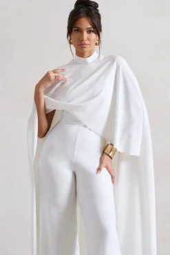 Indra | White High-Neck Wide-Leg Cape Jumpsuit