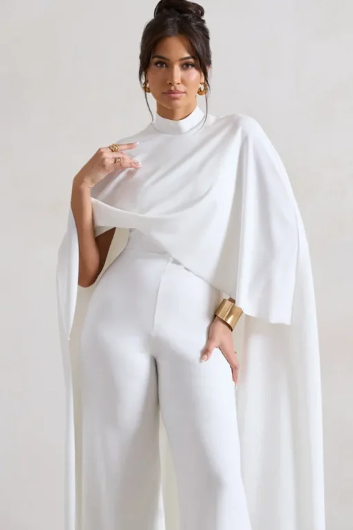 Indra | White High-Neck Wide-Leg Cape Jumpsuit