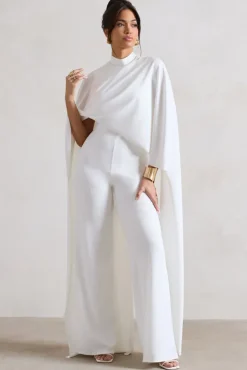 Indra | White High-Neck Wide-Leg Cape Jumpsuit