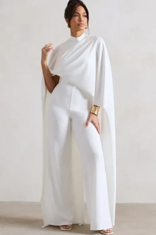 Indra | White High-Neck Wide-Leg Cape Jumpsuit