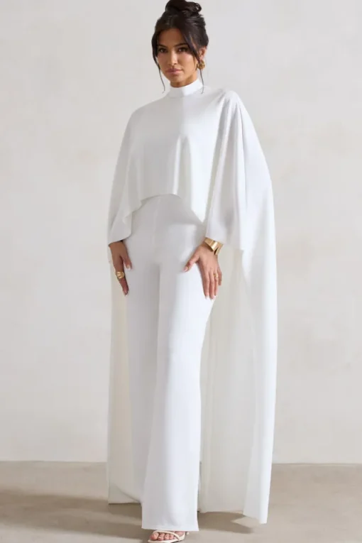 Indra | White High-Neck Wide-Leg Cape Jumpsuit