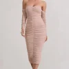 Indy | Champagne Ruched Strapless Long-Sleeve Midi Dress