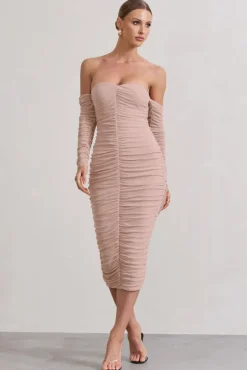 Indy | Champagne Ruched Strapless Long-Sleeve Midi Dress