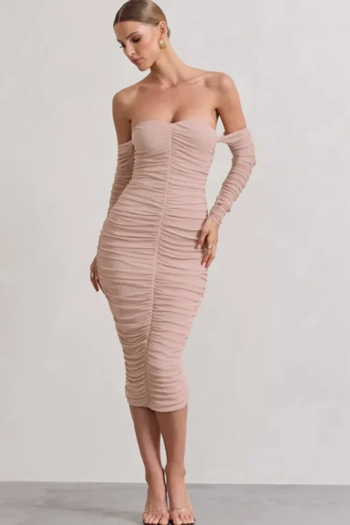 Indy | Champagne Ruched Strapless Long-Sleeve Midi Dress