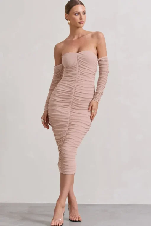 Indy | Champagne Ruched Strapless Long-Sleeve Midi Dress