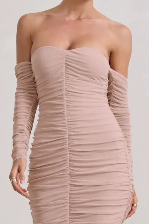 Indy | Champagne Ruched Strapless Long-Sleeve Midi Dress