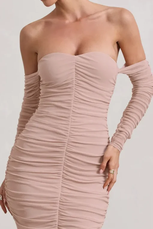 Indy | Champagne Ruched Strapless Long-Sleeve Midi Dress