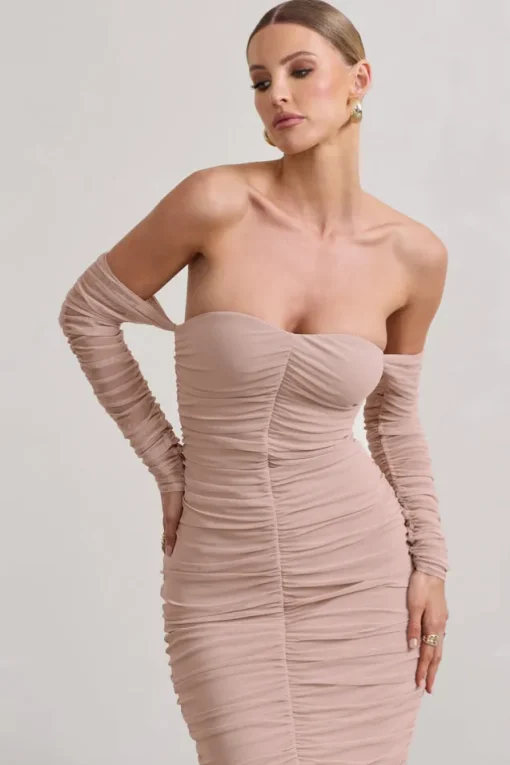 Indy | Champagne Ruched Strapless Long-Sleeve Midi Dress