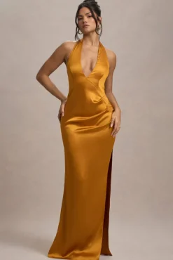 Inferno | Mustard Satin Plunge-Neck Gathered Split Maxi Dress