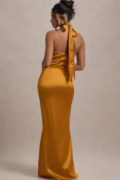 Inferno | Mustard Satin Plunge-Neck Gathered Split Maxi Dress