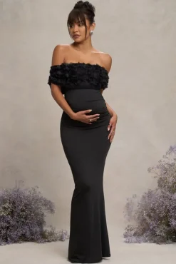 Inflorescence | Black Mesh Floral Bardot Maternity Maxi Dress
