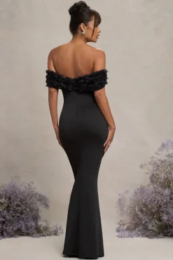 Inflorescence | Black Mesh Floral Bardot Maternity Maxi Dress