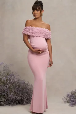 Inflorescence | Blush Pink Mesh Floral Bardot Maternity Maxi Dress