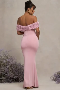 Inflorescence | Blush Pink Mesh Floral Bardot Maternity Maxi Dress