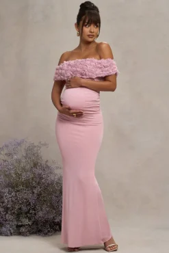 Inflorescence | Blush Pink Mesh Floral Bardot Maternity Maxi Dress
