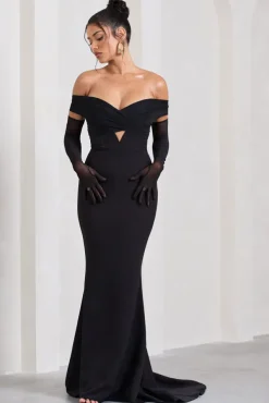 Inspiration | Black Sheer Bardot Fishtail Maxi Dress