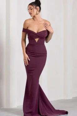 Inspiration | Burgundy Sheer Bardot Fishtail Maxi Dress